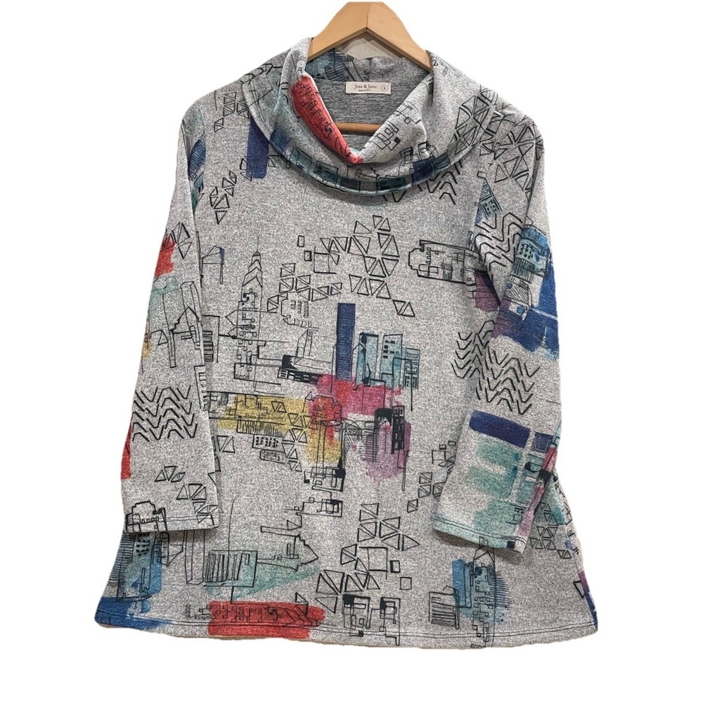 Jess & Jane Womens‎ Size Small 3/4 Sleeve Soft Artsy Manhattan NYC Cowl Neck Top
